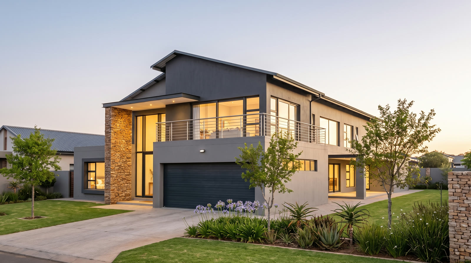 Photoreal view of the double storey home with a balcony, a double garage and a stone feature wall.