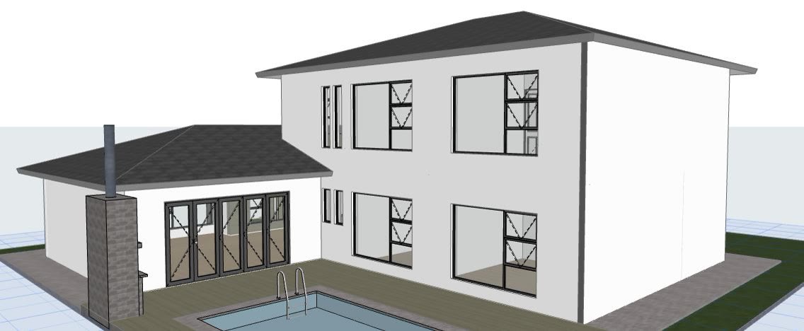 The 3D model of the double storey home with a pool.