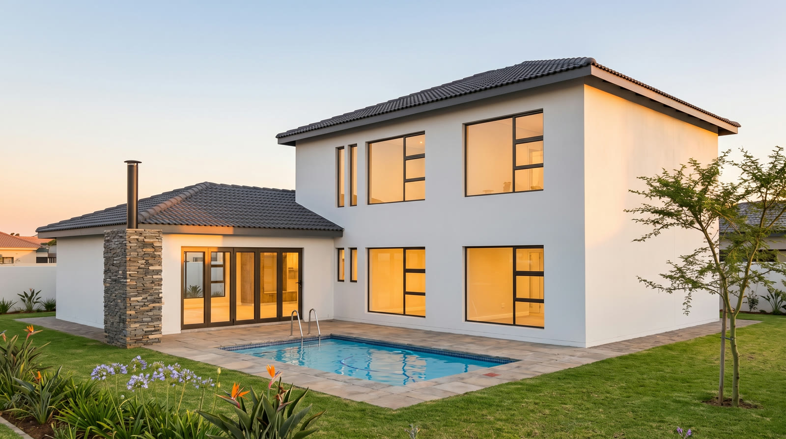 Photoreal view of a double storey home with a pool and a stone feature wall.