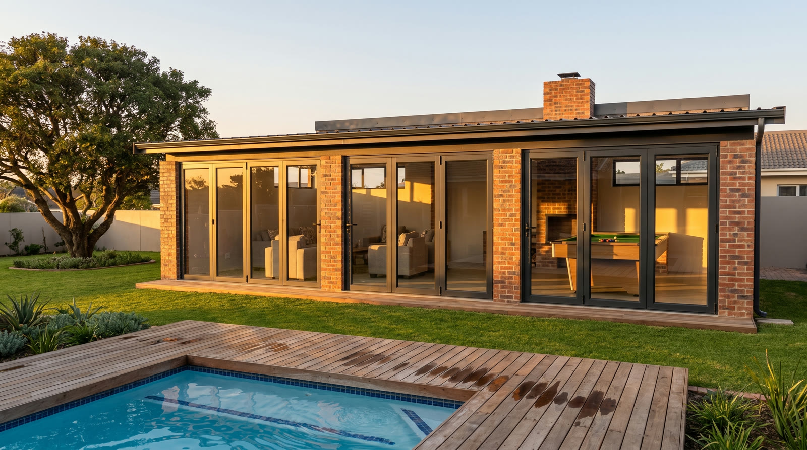 Photoreal view of a face brick entertainment room with glass doors, a pool and a timber deck.