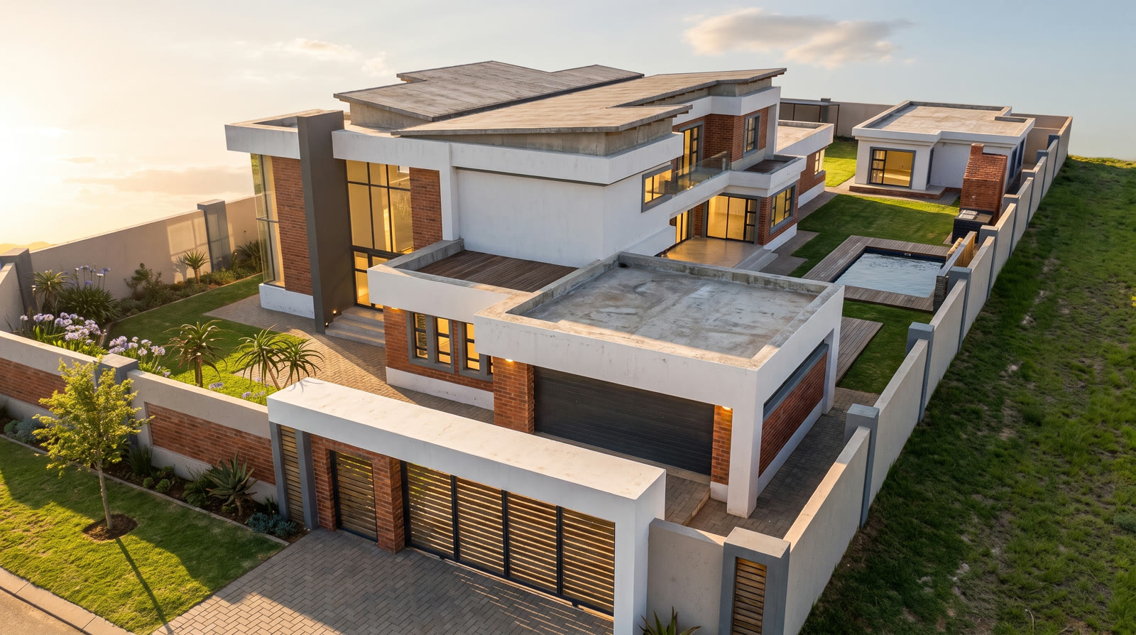 Photoreal view from above of a double storey face brick home with roof decks and a boundary wall.