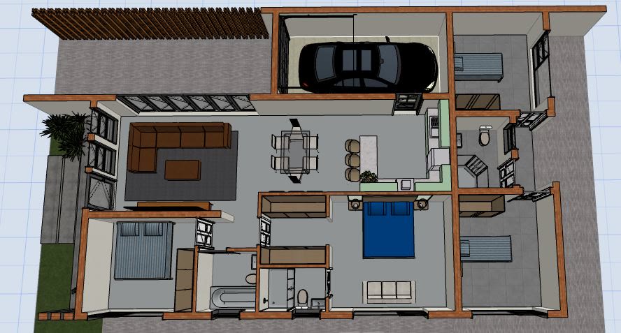 The home from above in 3D with the roof removed, furniture in every room.
