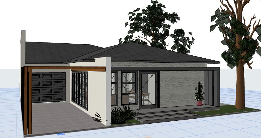 The 3D model of the single storey home with its timber slat carport.