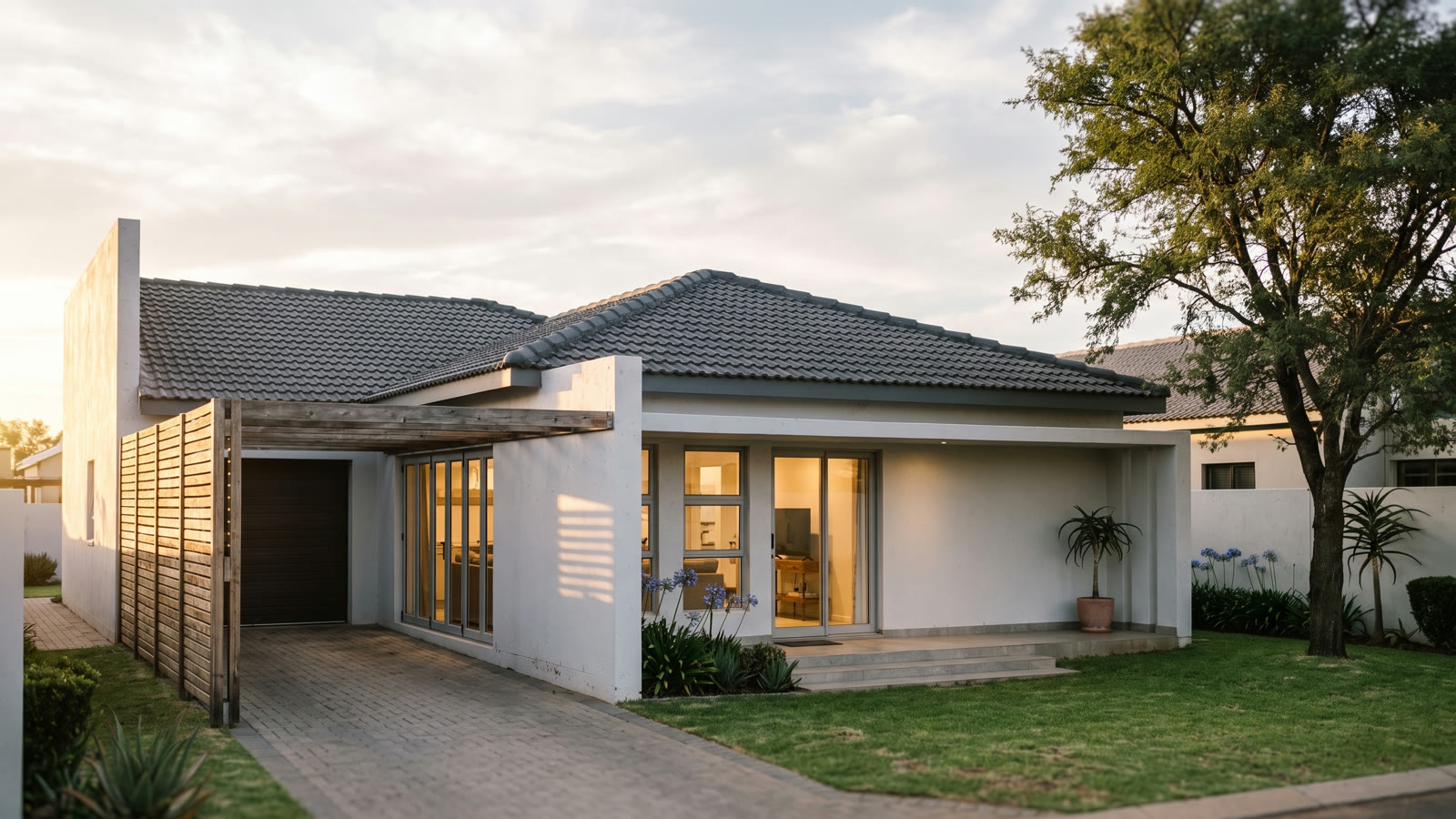 Photoreal view of a single storey home with a hipped tiled roof, a covered patio and a timber slat carport.