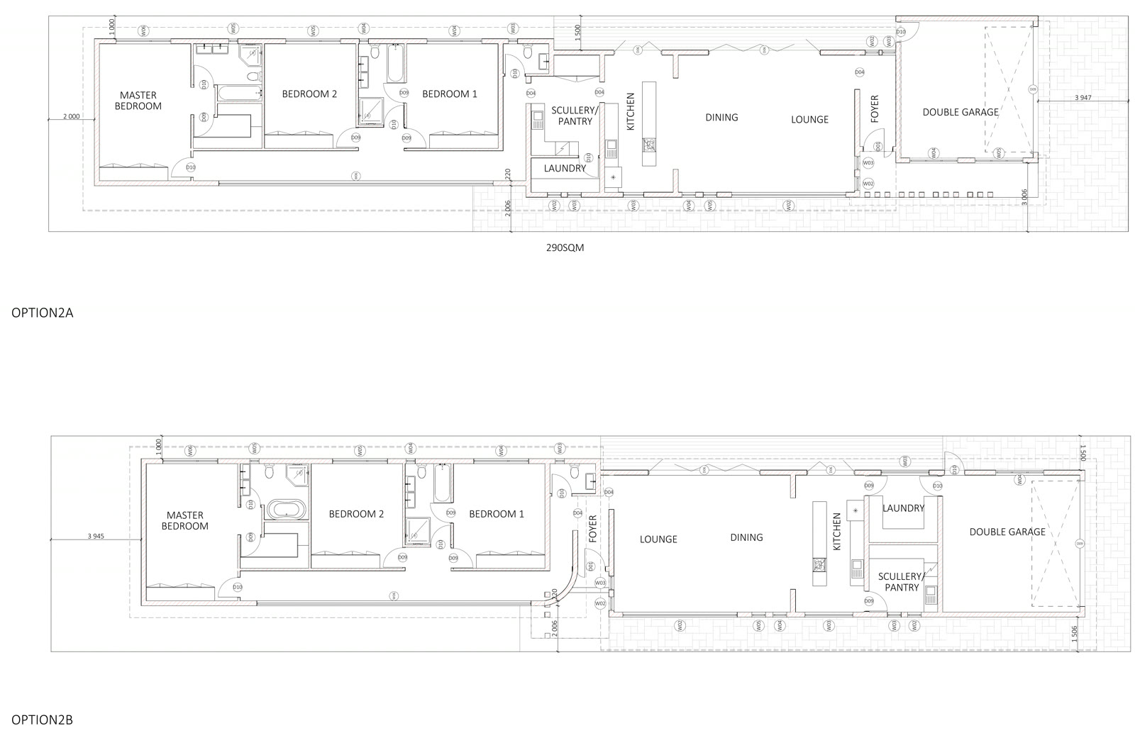 Two floor plan options for a long single storey home with a double garage.