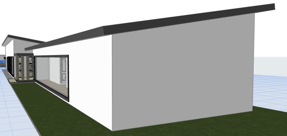 The 3D model of the long single storey home with a mono-pitch roof.
