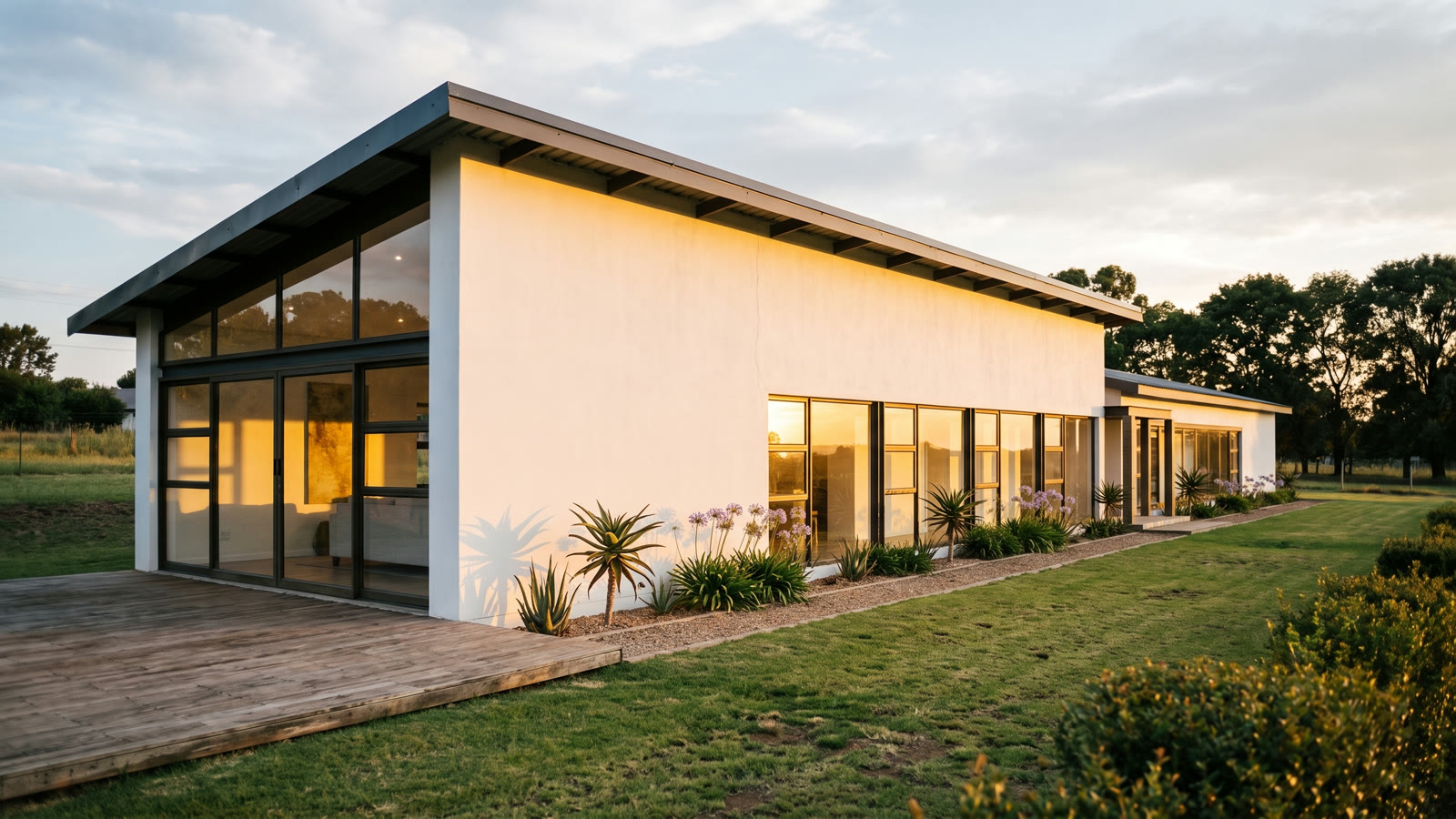 Photoreal view of a long single storey home with a mono-pitch roof, a glass end wall and a timber deck.